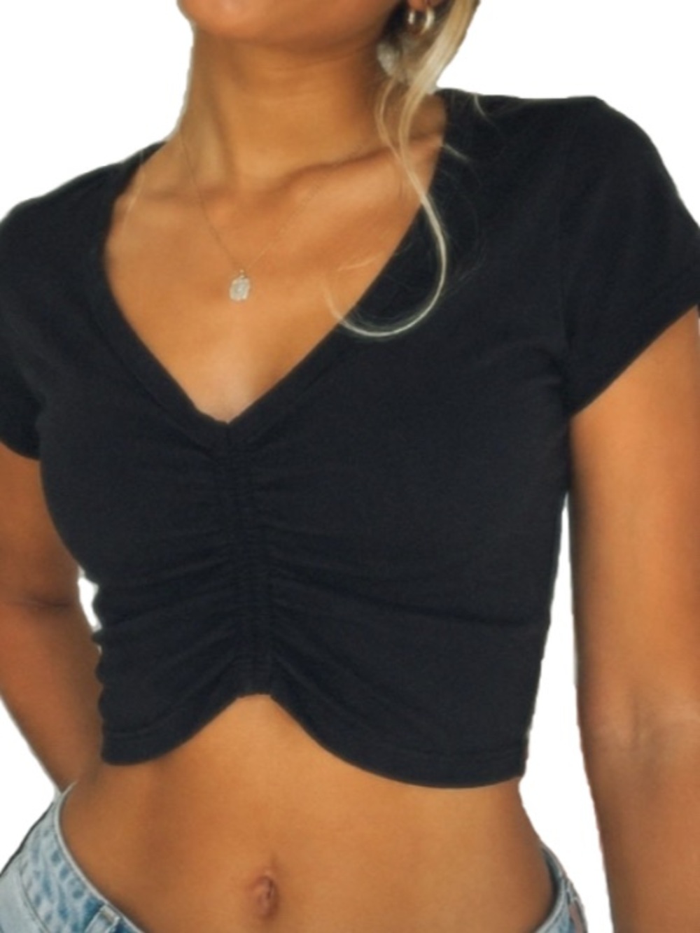 American Eagle Outfitters Black Ruched V-Neck Cropped Tee